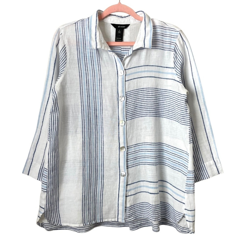 Ali Miles Top Womens Small White Blue Linen Cotton Striped Button Front Shirt‎